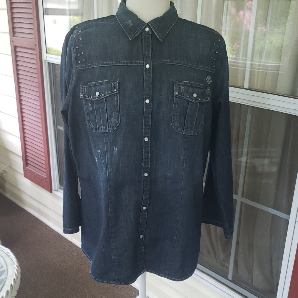 HARLEY DAVIDSON Dark Denim Distressed  Button-Up Shirt